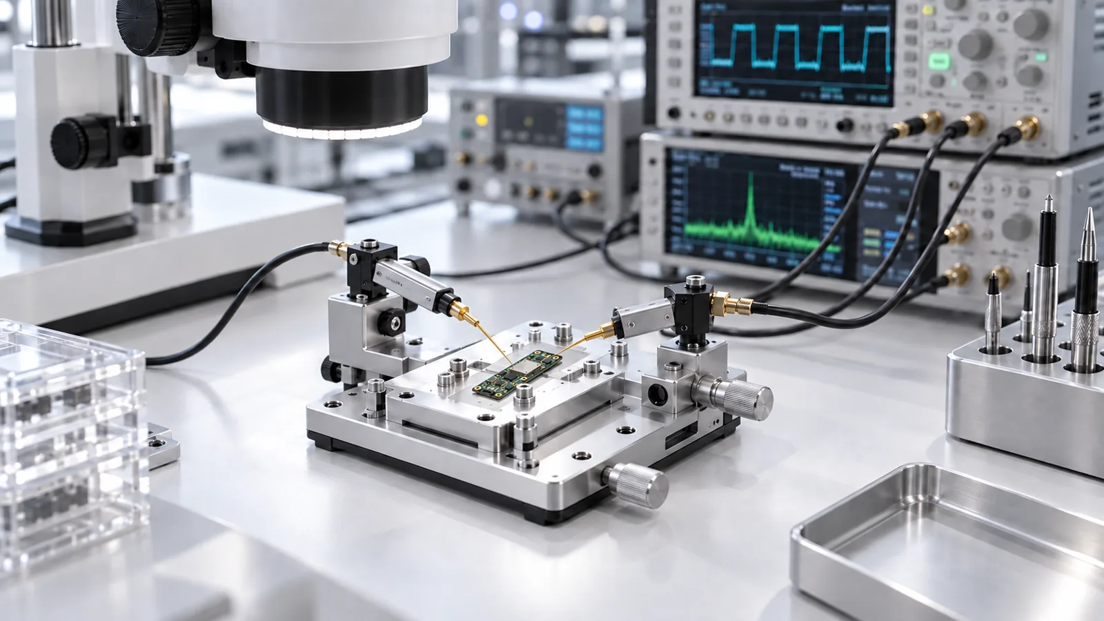 Laboratorio de I+D de Yump: medición de una placa de circuito en el banco de pruebas