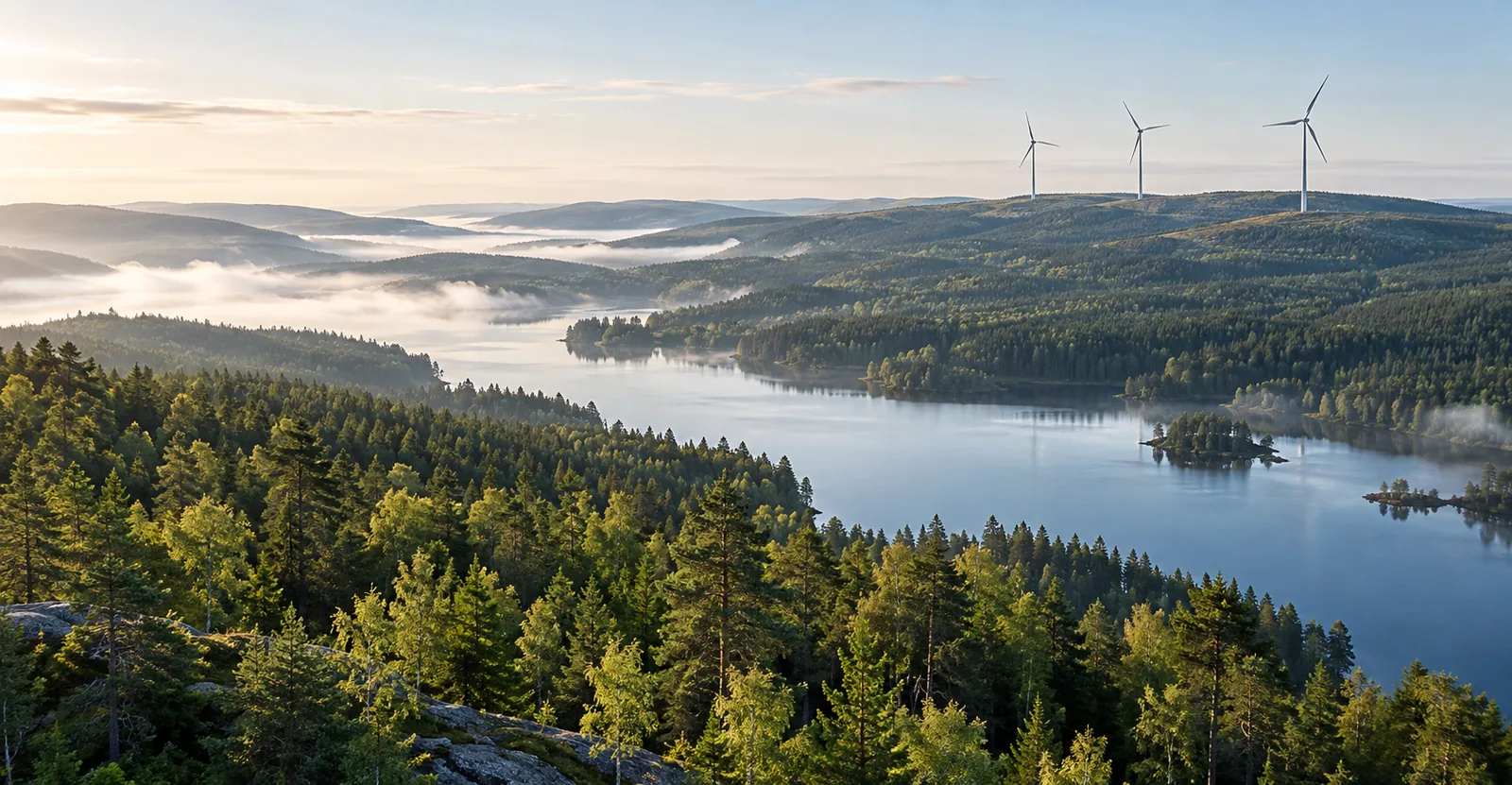 Energía renovable sobre bosques y lagos de Suecia
