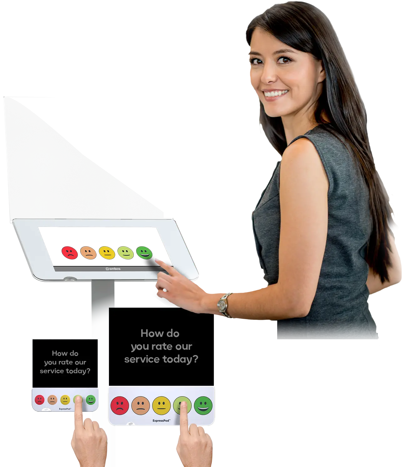 A woman presses the happy smiley on a Yump feedback tablet, with two smiley button terminals below
